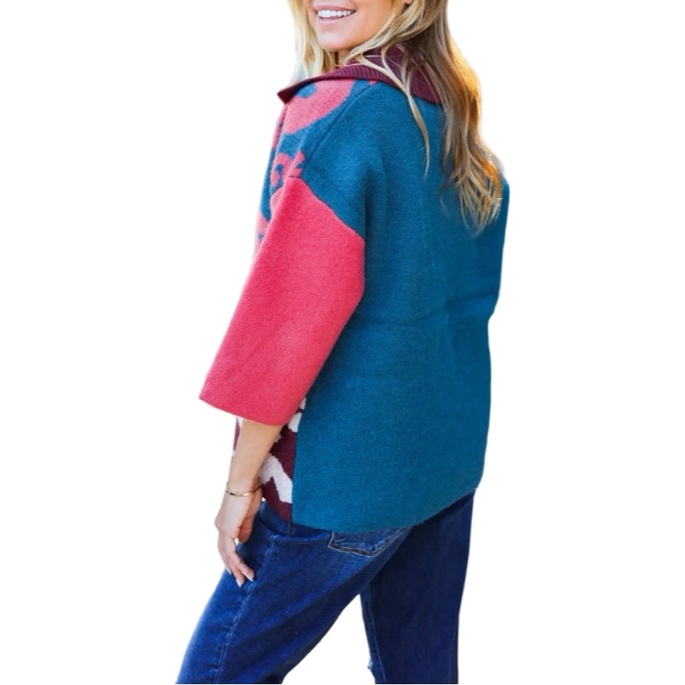 NEW ENTRO FEELING YOUR BEST WINE ABSTRACT PRINT COLOR BLOCK V NECK SWEATER - Picture 4 of 7